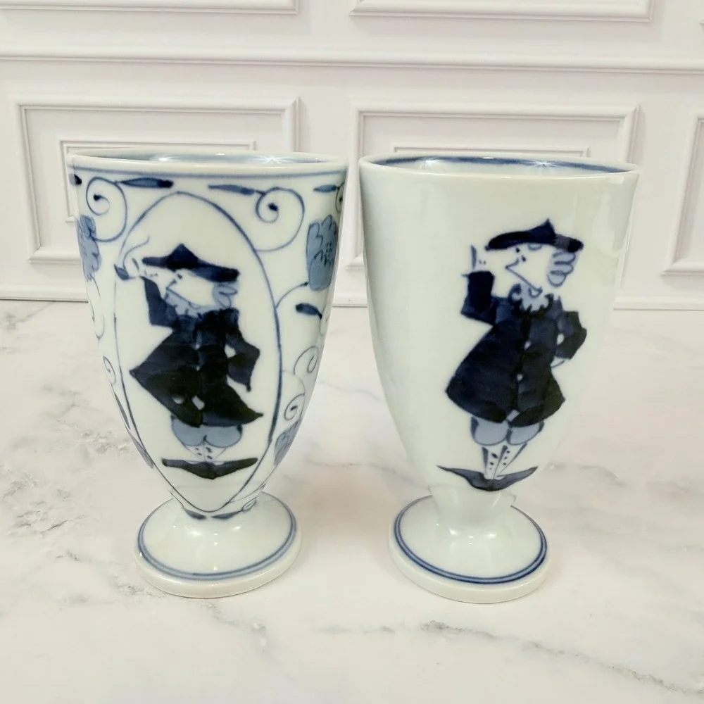 VTG Pair Blue White Arita Ware Tea Cups Shin-gama Kiln Sea Captain Nautical